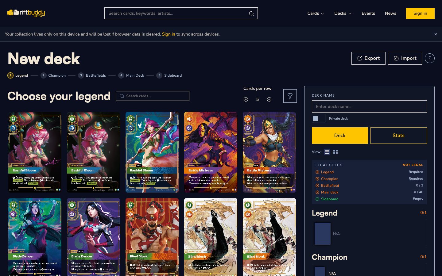 Deck builder on desktop: choosing a legend, legality check